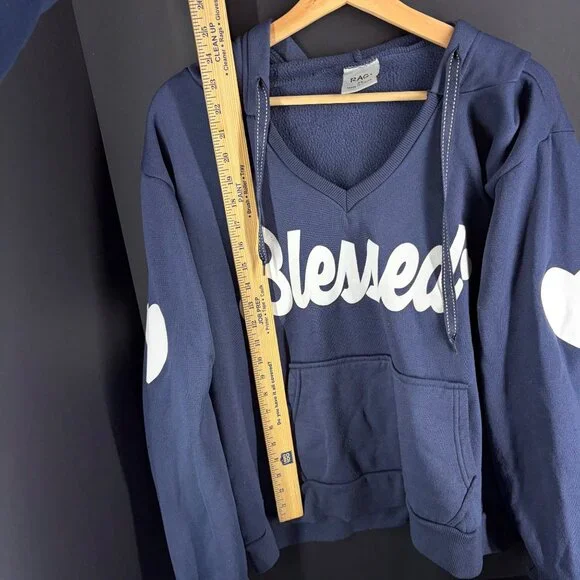 Blessed Navy Blue Hoodie With White Heart Elbow Patches & Kangaroo Pocket Polyes - Picture 7 of 8